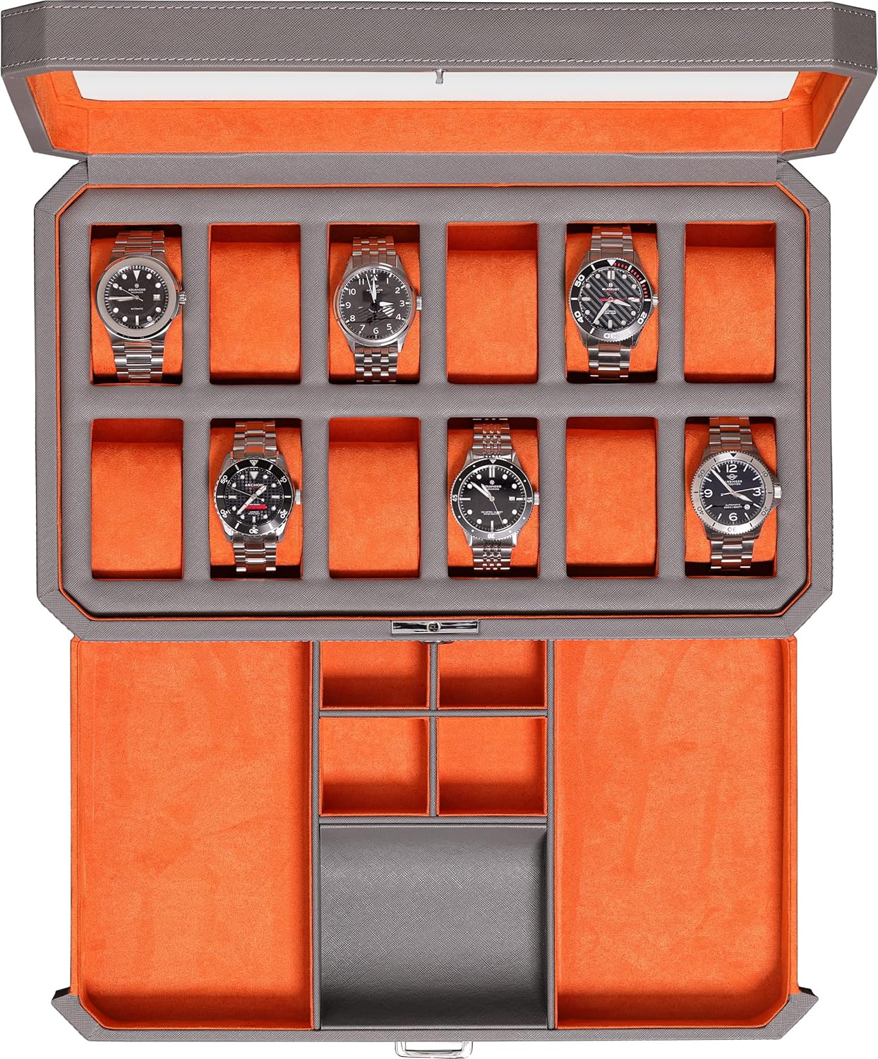 Men Accessories Drawer - 12 Slot Leather Watch Box with