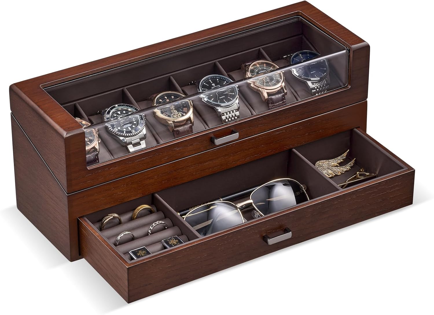 Men Accessories Drawer - Wooden Watch Box for Men, 6-Slot
