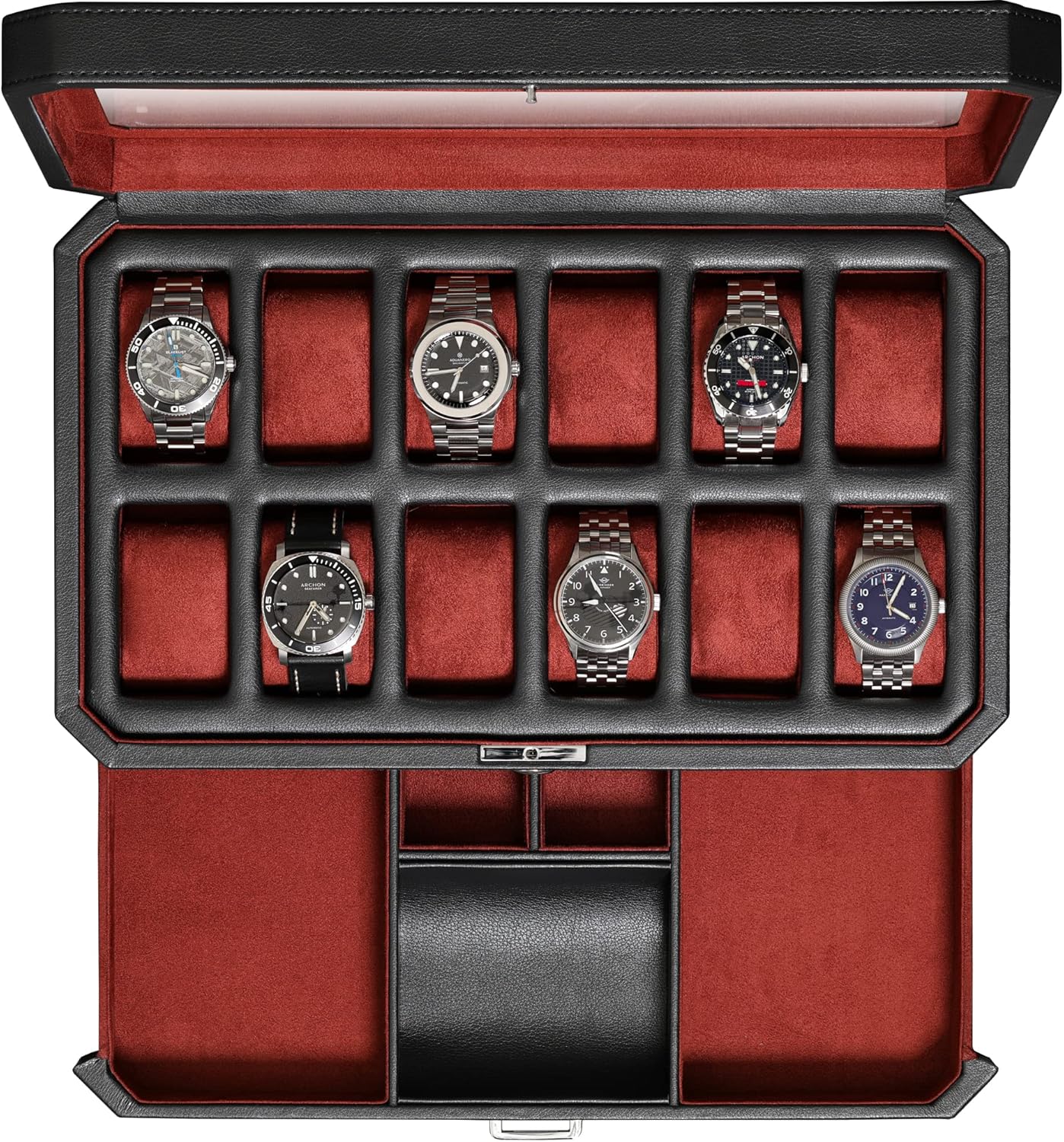 12 Slot Leather Watch Box with - Men Accessories Drawer ulasan dan harga