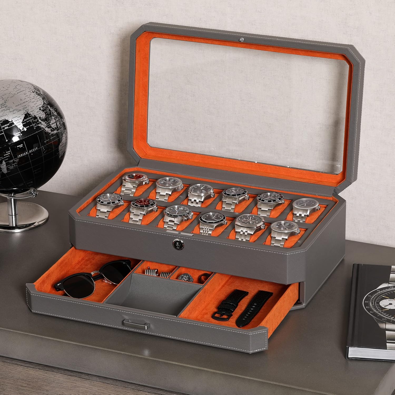 12 Slot Leather Watch Box with - Men Accessories Drawer ulasan dan harga